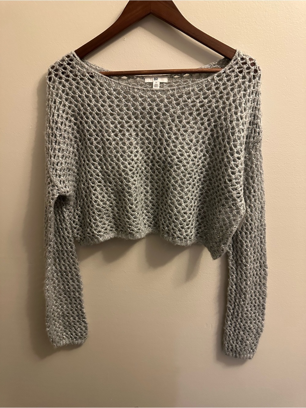 Cropped Open Knit Sweater - Light Gray